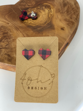 Load image into Gallery viewer, Heart Buffalo Plaid, Walnut Wood Stud Earrings
