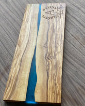 Load image into Gallery viewer, Olive Wood Rectangle Cutting Board With River of Green or Blue Resin
